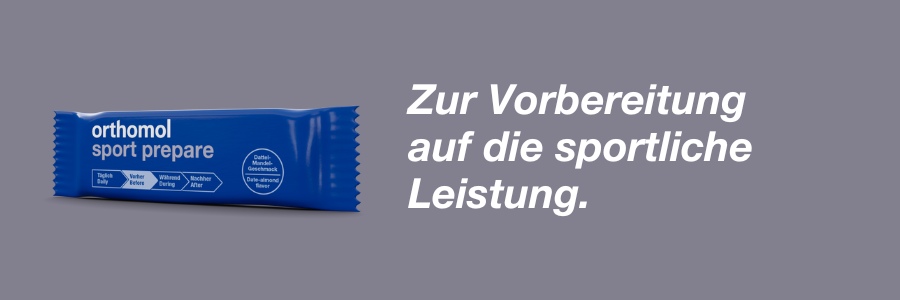 Orthomol Sport prepare Packung. Text: Zur Vorbereitung auf die sportliche Leistung.